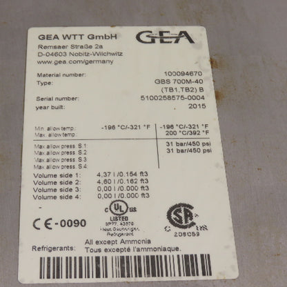 GEA 100094670 GBS 700M-40 Brazed Plate Heat Exchanger 450 PSI 2" NPT