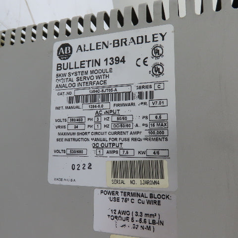 Allen-Bradley 1394C-SJT05-A 5KW Digital Servo Drive Controller Ser C F/W V7.01