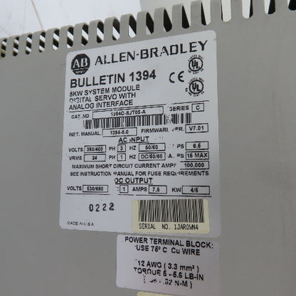 Allen-Bradley 1394C-SJT05-A 5KW Digital Servo Drive Controller Ser C F/W V7.01