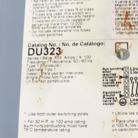 Square D DU323 100A Non Fusible General Duty Safety Disconnect Switch 240VAC