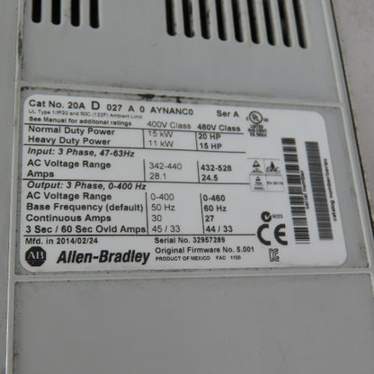Allen-Bradley 20AD027A0AYNANC0 20HP AC Variable Frequency Drive 480VAC 3Ph Ser A
