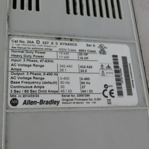 Allen-Bradley 20AD027A0AYNANC0 20HP AC Variable Frequency Drive 480VAC 3Ph Ser A