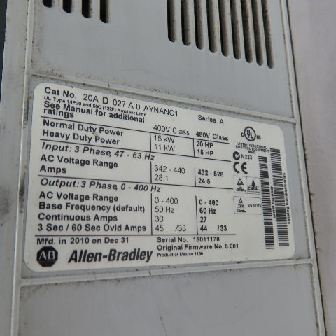 Allen-Bradley 20AD027A0AYNANC1 20HP AC Variable Frequency Drive 480V 3Ph Ser A