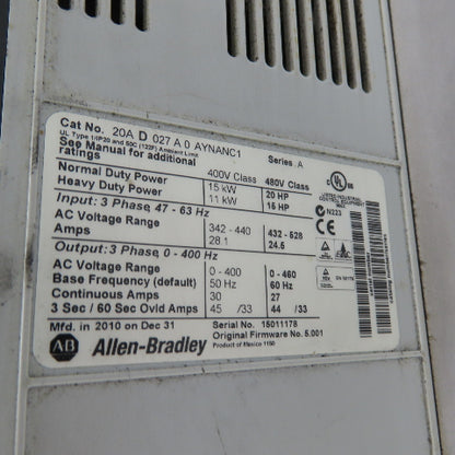 Allen-Bradley 20AD027A0AYNANC1 20HP AC Variable Frequency Drive 480V 3Ph Ser A