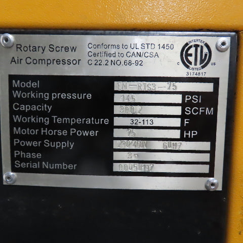 Polar Air EM-RTS3-75 75HP Rotary Screw Air Compressor 300.2SCFM 145PSI 480V 3Ph