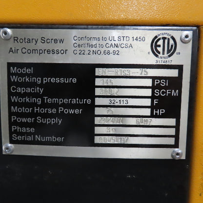 Polar Air EM-RTS3-75 75HP Rotary Screw Air Compressor 300.2SCFM 145PSI 480V 3Ph
