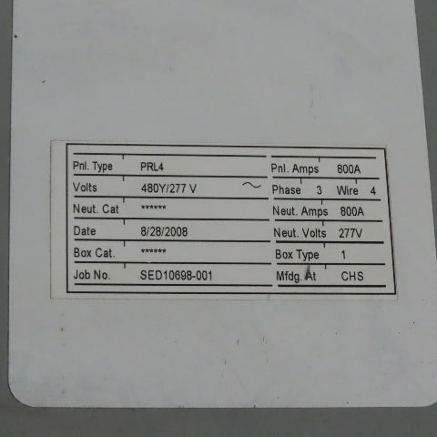 Cutler-Hammer PRL4 800A Panelboard 480Y/277V 3Ph 4W w/ 250A Main Breaker
