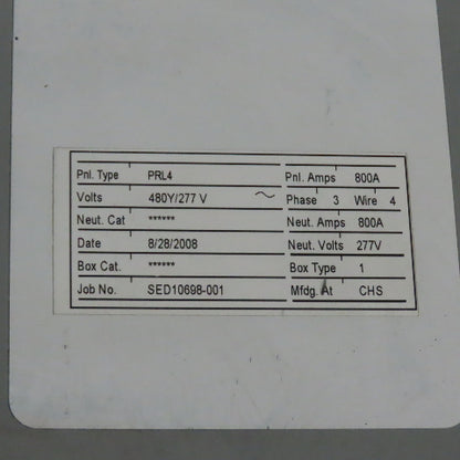 Cutler-Hammer PRL4 800A Panelboard 480Y/277V 3Ph 4W w/ 250A Main Breaker