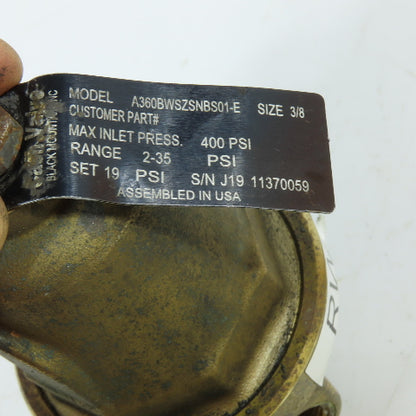 Cash Valve A360BWSZSNBS01-E 3/8" NPT Brass Water/Air Pressure Regulator Valve