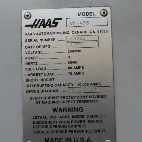 Haas VF-4SS 3 Axis Vertical Machining Center 40 Tool Turret 208/230V 30Hp