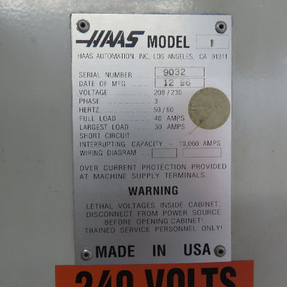 Haas VF-1 3 Axis Vertical Machining Center 20 Tool Turret 208-230V 3Ph 15HP