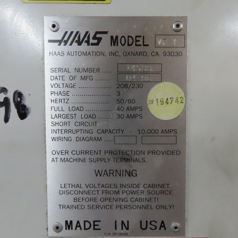 Haas VF-1 3 Axis Vertical Machining Center 20 Tool Turret 208-230V 3Ph 20HP