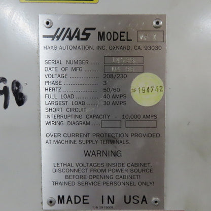 Haas VF-1 3 Axis Vertical Machining Center 20 Tool Turret 208-230V 3Ph 20HP