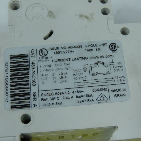 Allen-Bradley 1489-A3C160 16A 3-Pole Miniature Circuit Breaker 480Y/277V