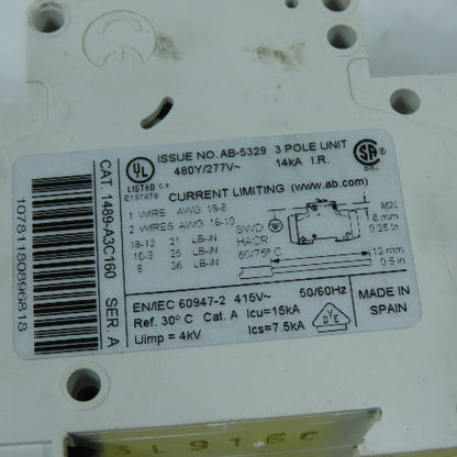 Allen-Bradley 1489-A3C160 16A 3-Pole Miniature Circuit Breaker 480Y/277V