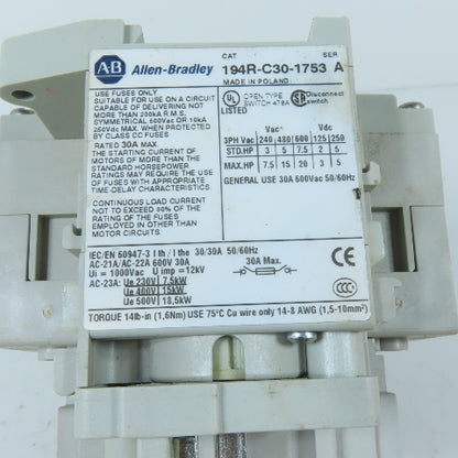 Allen-Bradley 194R-C30-1753 30A 3-Pole Fusible Safety Disconnect Switch 600V