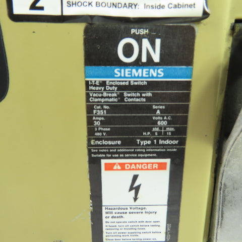 Siemens F351 30A 3-Pole Fusible Safety Disconnect Switch 600V