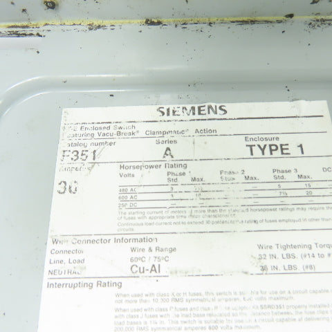 Siemens F351 30A 3-Pole Fusible Safety Disconnect Switch 600V