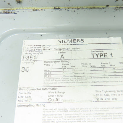 Siemens F351 30A 3-Pole Fusible Safety Disconnect Switch 600V