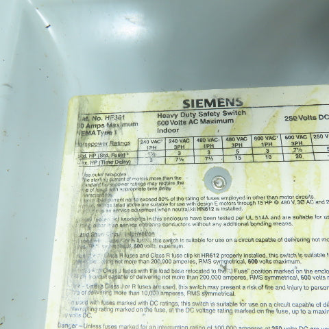 Siemens HF361 30A 3-Pole Fusible Safety Disconnect Switch 600V