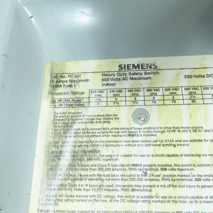 Siemens HF361 30A 3-Pole Fusible Safety Disconnect Switch 600V