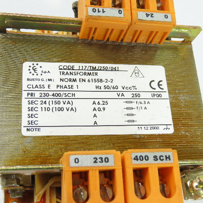 117/TMJ250/041 250VA Control Transformer 230-400V Primary 24/110V Secondary