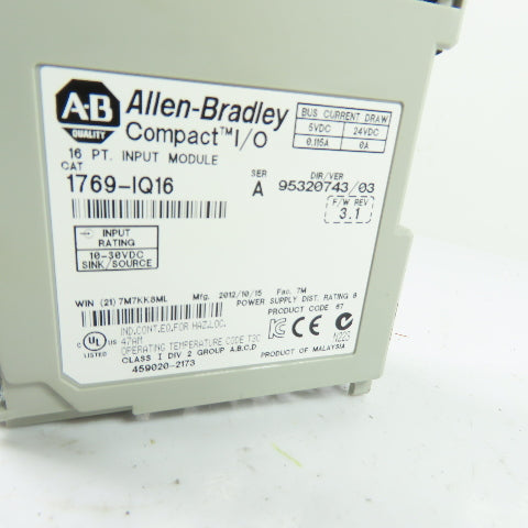 Allen-Bradley 1769-IQ16 16 PT Input Module Compact I/O 24VDC Ser A F/W 3.1