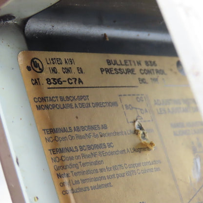 Allen-Bradley 836-C7A Pressure Control Switch 0-150PSI SPDT 600VAC Max