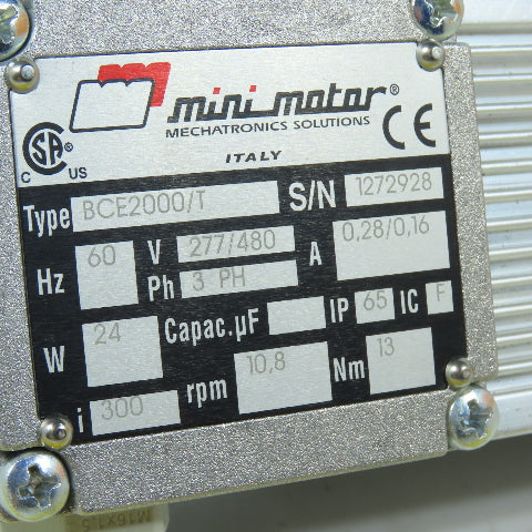 Mini Motor BCE2000/T AC Gearmotor 3Ph 277/480V 60Hz 300:1 Ratio 10.8RPM