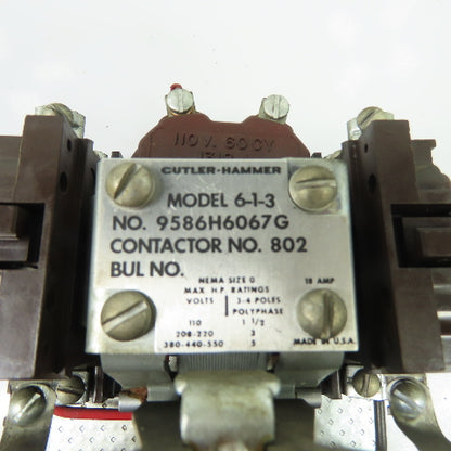 Cutler-Hammer 6-1-3 9586H6067G NEMA Size 0 Contactor w/ Overload Relay 110V Coil