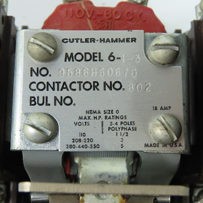 Cutler-Hammer 9586H6067G 6-1-3 NEMA Size 0 Contactor w/ Overload Relay 110V Coil