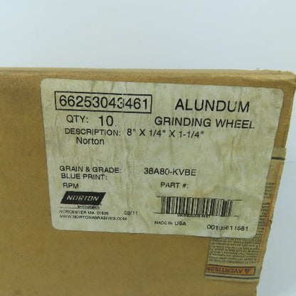 Norton 38A80-KVBE 8" x 1/4" x 1-1/4" AO Grinding Wheel 80 Grit Lot Of 8