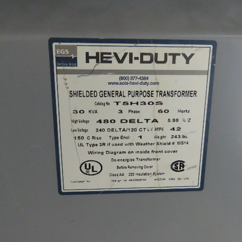 Hevi-Duty T5H30S 30 KVA General Purpose Transformer 480V Pri 240/120V Sec 3Ph