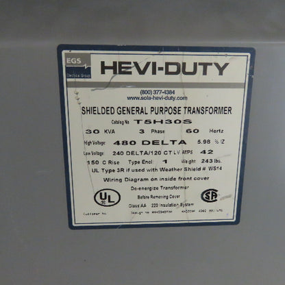 Hevi-Duty T5H30S 30 KVA General Purpose Transformer 480V Pri 240/120V Sec 3Ph