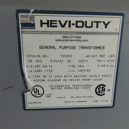 Hevi-Duty T2H30S 30KVA General Purpose Transformer 480V Pri 208Y/120V Sec 3Ph