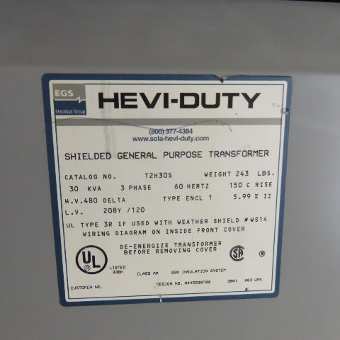 Hevi-Duty T2H30S 30KVA General Purpose Transformer 480V Pri 208Y/120V Sec 3Ph