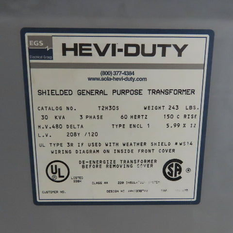 Hevi-Duty T2H30S 30KVA General Purpose Transformer 480V Pri 208Y/120V Sec 3Ph