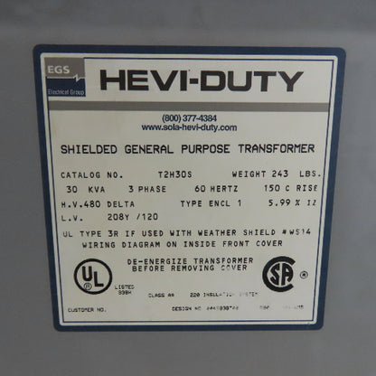 Hevi-Duty T2H30S 30KVA General Purpose Transformer 480V Pri 208Y/120V Sec 3Ph