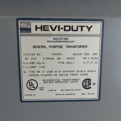 Hevi-Duty T2H45S 45 KVA 3Ph General Purpose Transformer 480V Pri 208Y/120V Sec