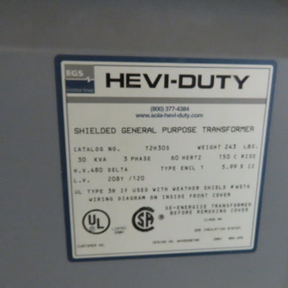 Hevi-Duty T2H30S 30KVA General Purpose Transformer 480V Pri 208Y/120V Sec 3Ph