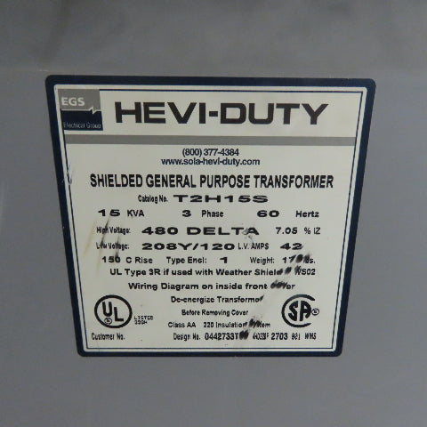 Hevi-Duty T2H15S 15 KVA 3Ph General Purpose Transformer 480V Pri 208Y/120V Sec