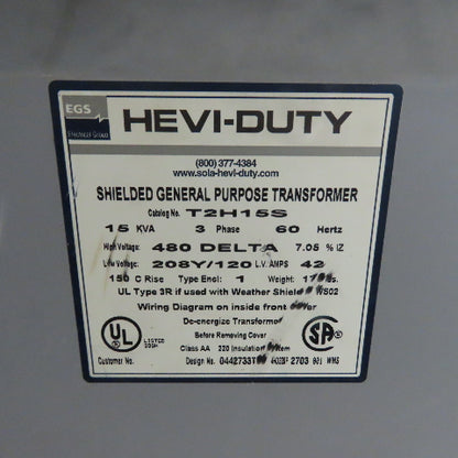Hevi-Duty T2H15S 15 KVA 3Ph General Purpose Transformer 480V Pri 208Y/120V Sec