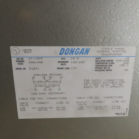DONGAN 61-1065 10KVA General Purpose Transformer 240x480 Pri 120/240 Sec 1Ph