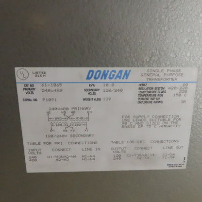 DONGAN 61-1065 10KVA General Purpose Transformer 240x480 Pri 120/240 Sec 1Ph