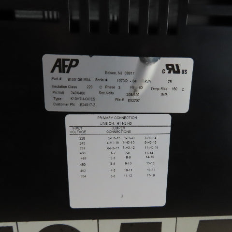 AFP 8100136150A K10HTU-OCES 75KVA Transformer 240X480V Pri 208/120V Sec 3Ph 60Hz
