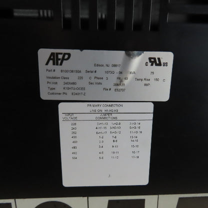 AFP 8100136150A K10HTU-OCES 75KVA Transformer 240X480V Pri 208/120V Sec 3Ph 60Hz