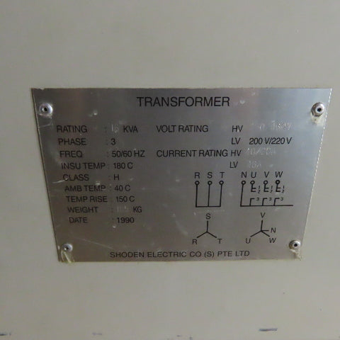 Shoden Electric N/A 15KVA Transformer 230/460V Pri 200V/220V Sec 3Ph 50/60Hz