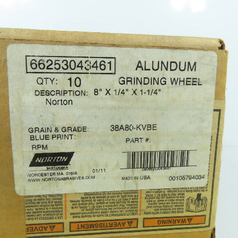 Norton 38A80-KVBE 8" x 1/4" x 1-1/4" Aluminum Oxide Grinding Wheel Lot Of 10