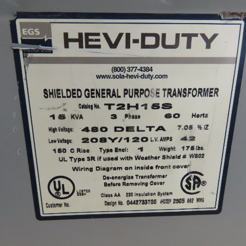 Hevi-Duty T2H15S 15 KVA 3Ph General Purpose Transformer 480V Pri 208Y/120V Sec