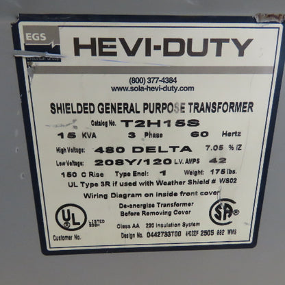 Hevi-Duty T2H15S 15 KVA 3Ph General Purpose Transformer 480V Pri 208Y/120V Sec
